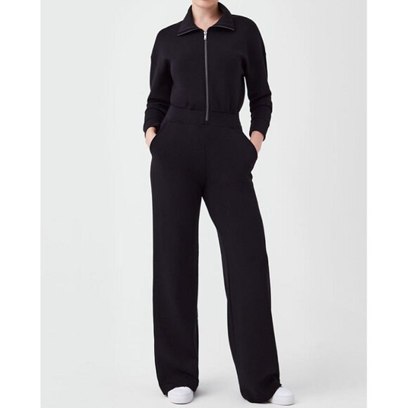Spanx AirEssentials Long Sleeve Wide Leg Jumpsuit Black Zip-Up V-Neck Romper LP - Picture 4 of 13